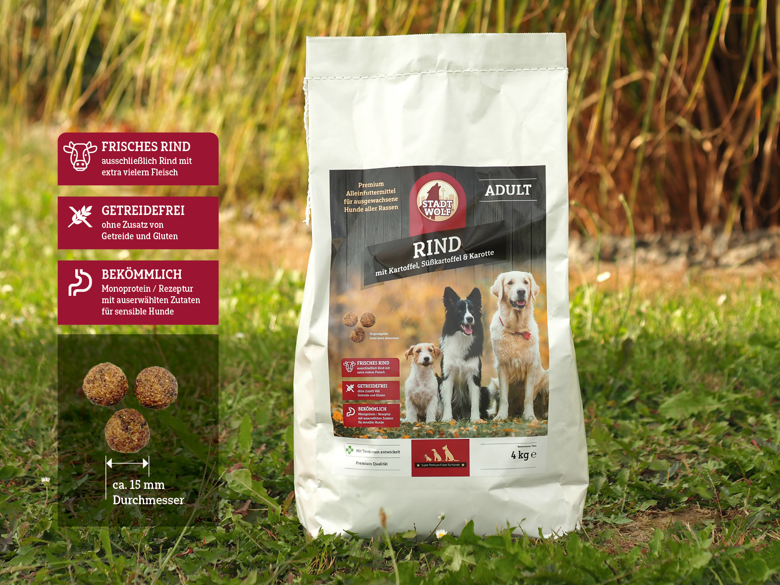 Stadtwolf Premium Trockenfutter – Rind mit Kartoffel, Süßkartoffel & Karotte Stadtwolf Premium Trockenfutter – Rind mit Kartoffel, Süßkartoffel & Karotte