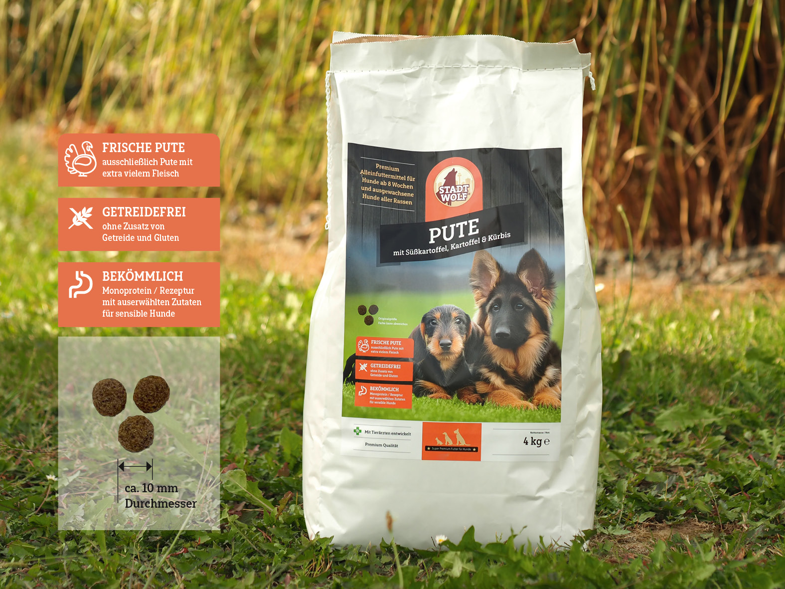 Stadtwolf Premium Trockenfutter – Pute mit Süßkartoffel, Kartoffel & Kürbis Stadtwolf Premium Trockenfutter – Pute mit Süßkartoffel, Kartoffel & Kürbis